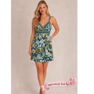R&K Originals Petite Floral V-Neck Sundress Blue Green 8P Cotton Blend
